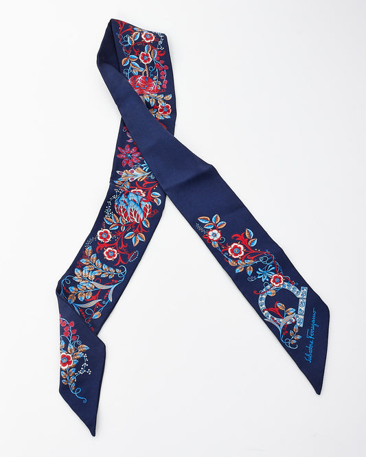 Salvatore Ferragamo Navy & Multi Floral Print Silk Twily