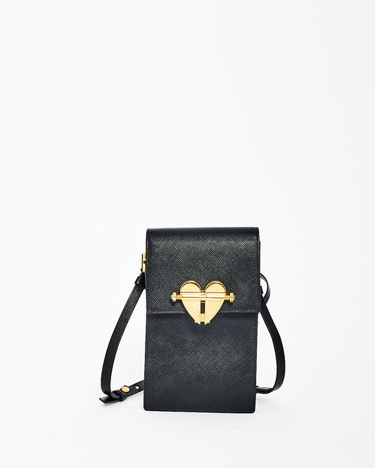 Prada Black Saffiano Leather Heart Lock Crossbody Bag