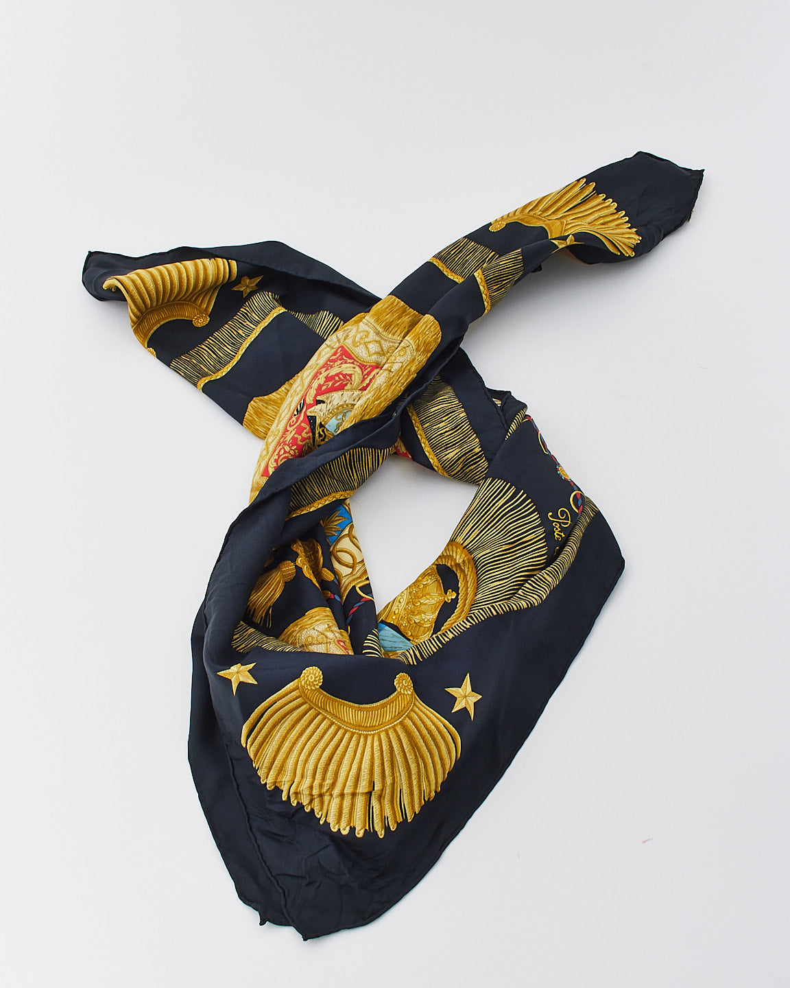 Hermès Navy & Gold Poste et Cavalerie Silk Scarf