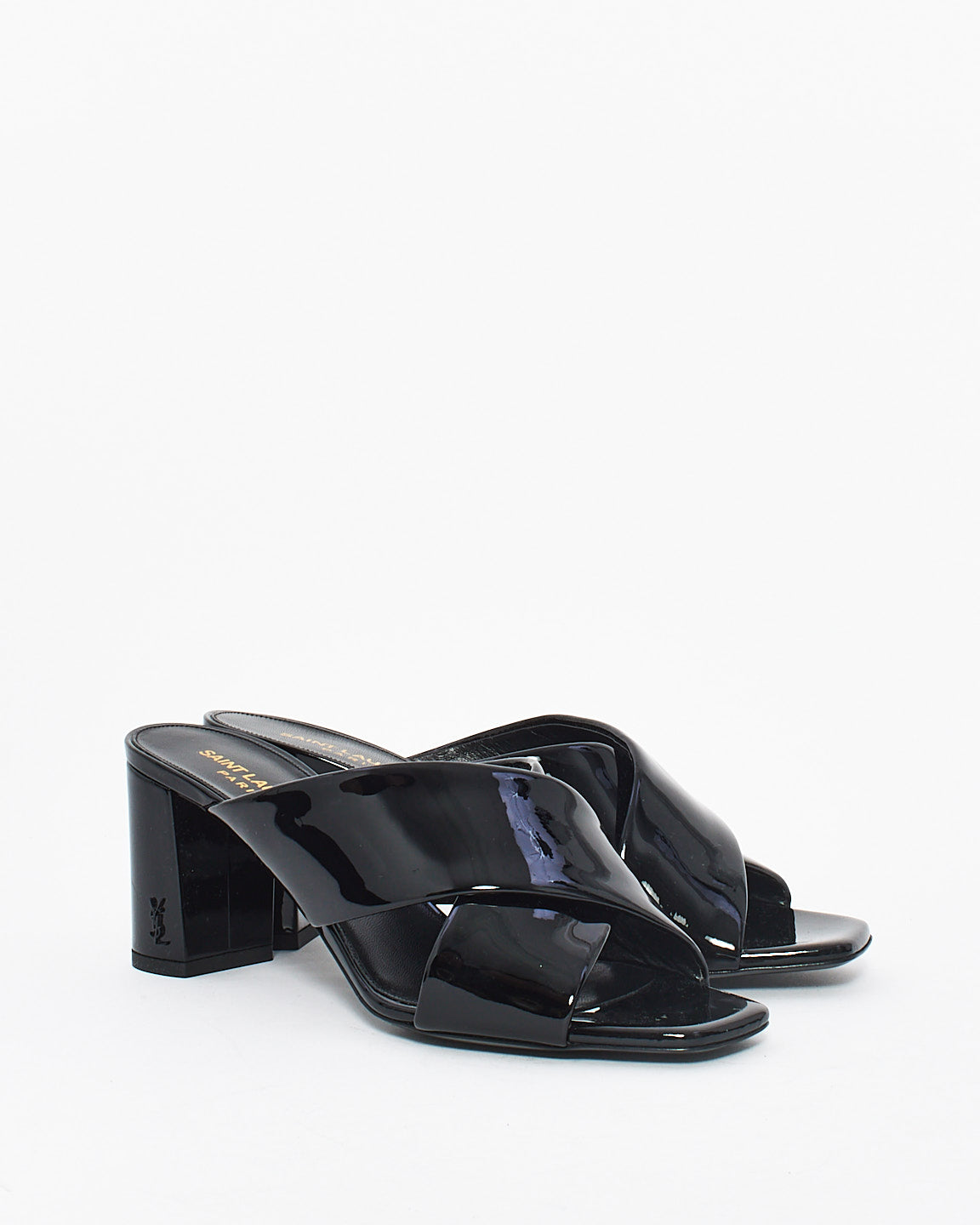 Saint Laurent Black Patent Loulou Leather Mule Heeled Sandals - 38.5