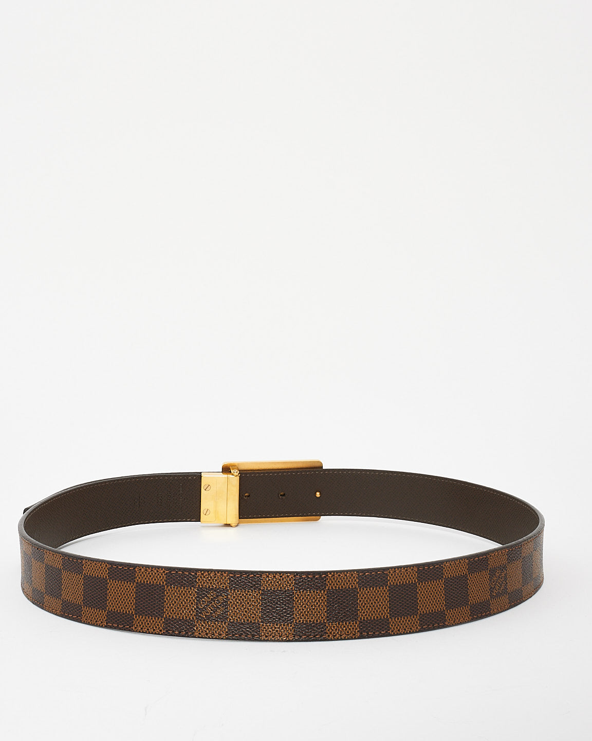 Louis Vuitton Brown Leather & Damier Ebene Canvas Gold Plate Inventeur Reversible Belt - 95/38
