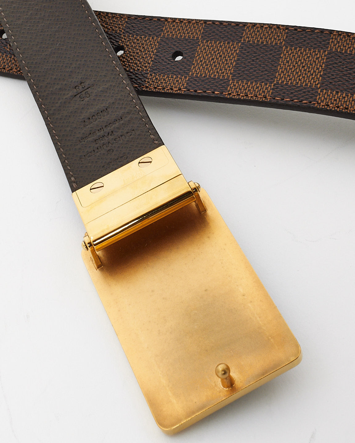 Louis Vuitton Brown Leather & Damier Ebene Canvas Gold Plate Inventeur Reversible Belt - 95/38