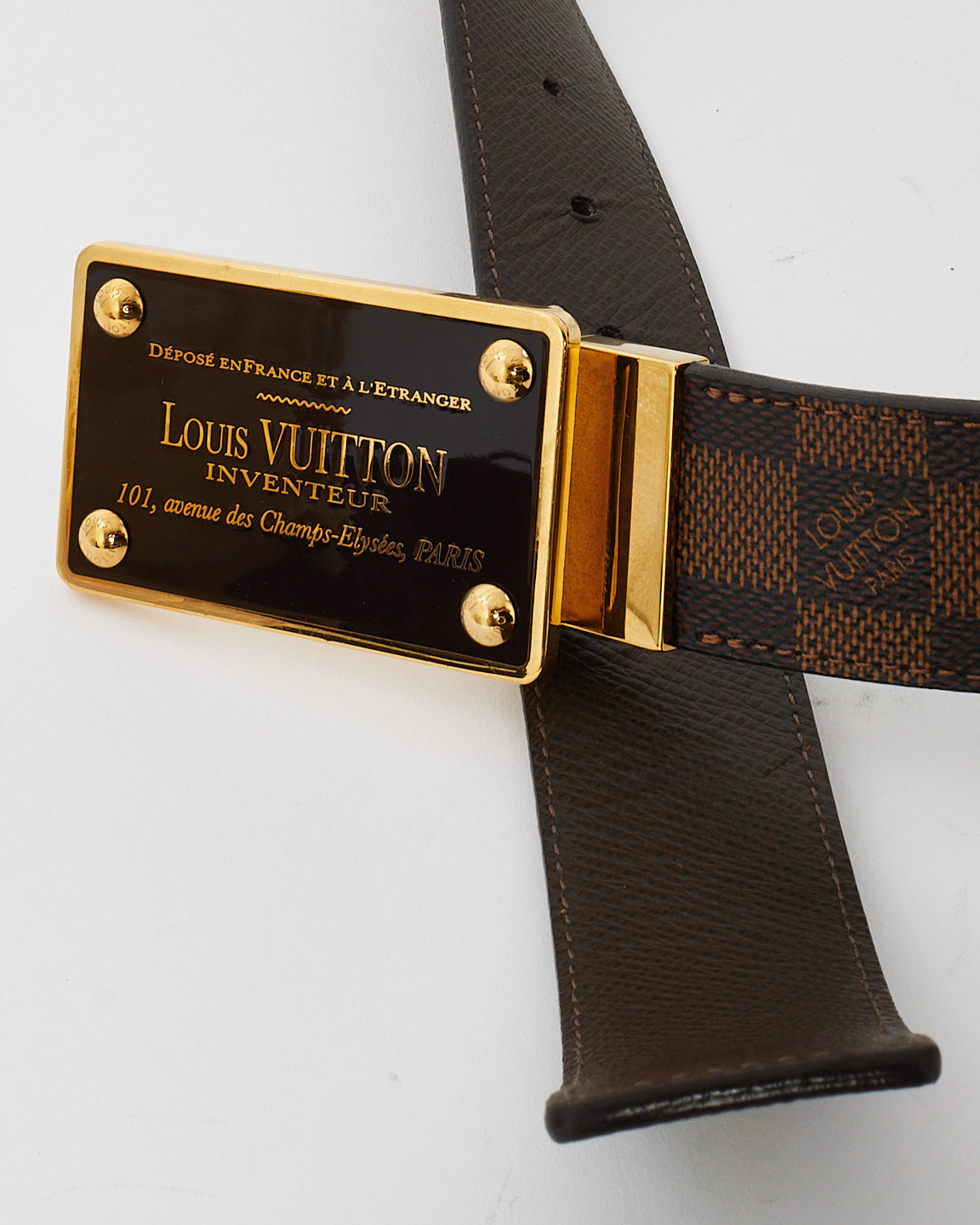 Ceinture réversible Louis Vuitton en cuir marron et toile Damier Ebène plaquée or Inventeur - 95/38