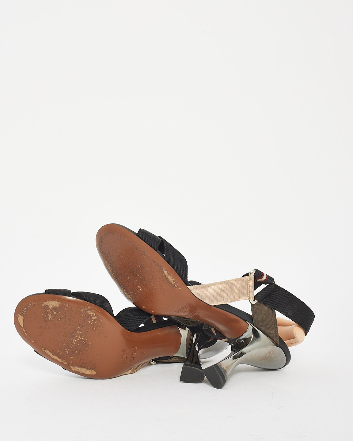 Fendi Black & Beige Fabric Colibri Strap Sandals - 39