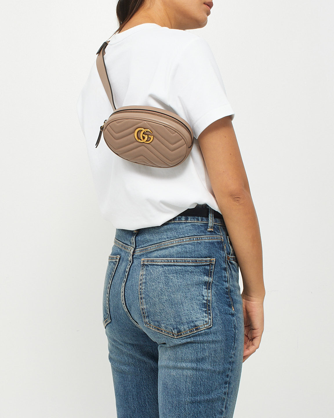 Gucci Dusty Pink Chevron Matelassé Leather GG Marmont Belt Bag - 85/34