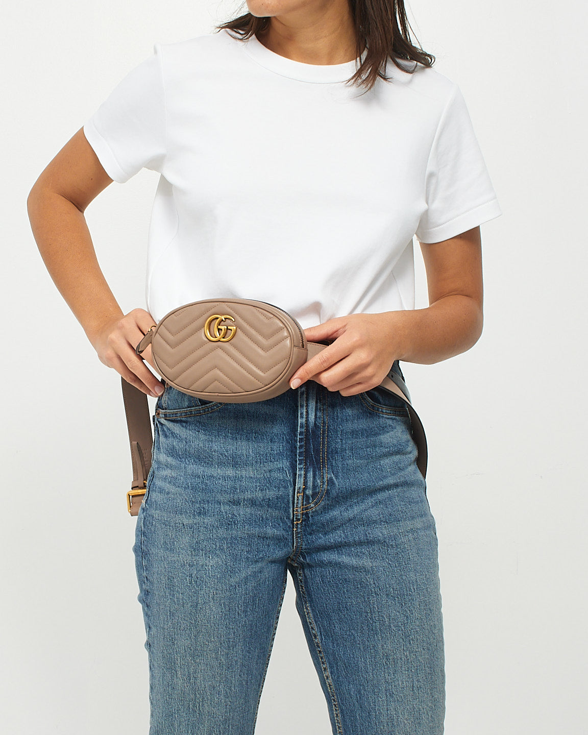 Gucci Dusty Pink Chevron Matelassé Leather GG Marmont Belt Bag - 85/34