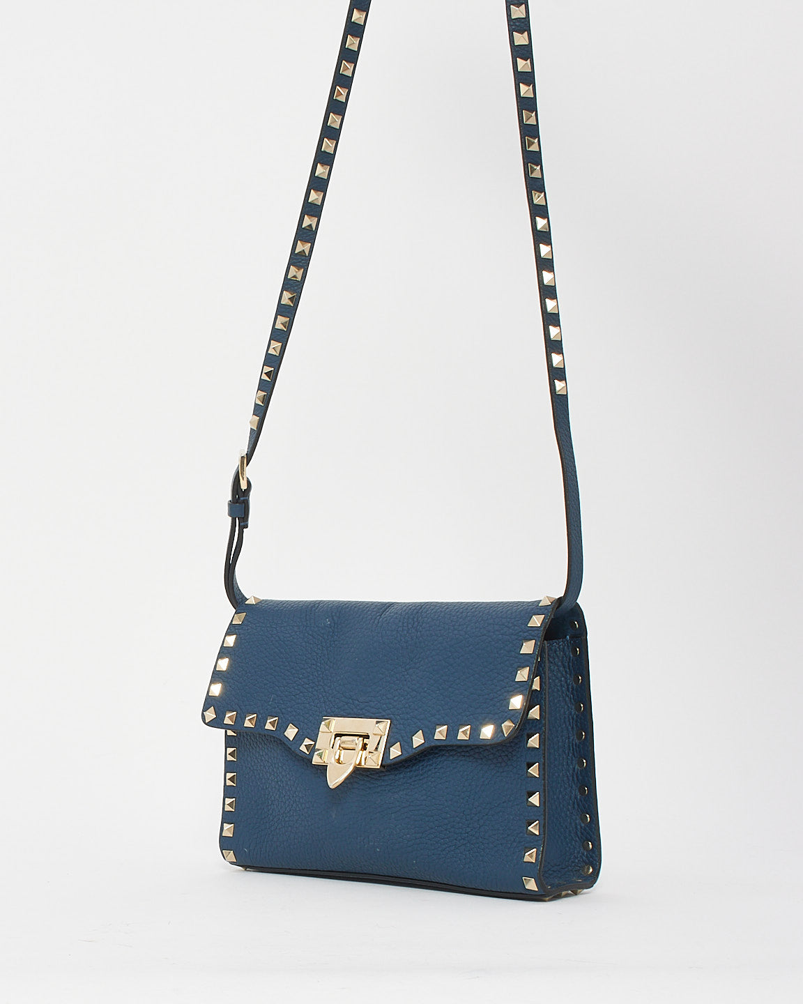 Valentino Navy Blue Grained Leather Rockstud Crossbody Bag