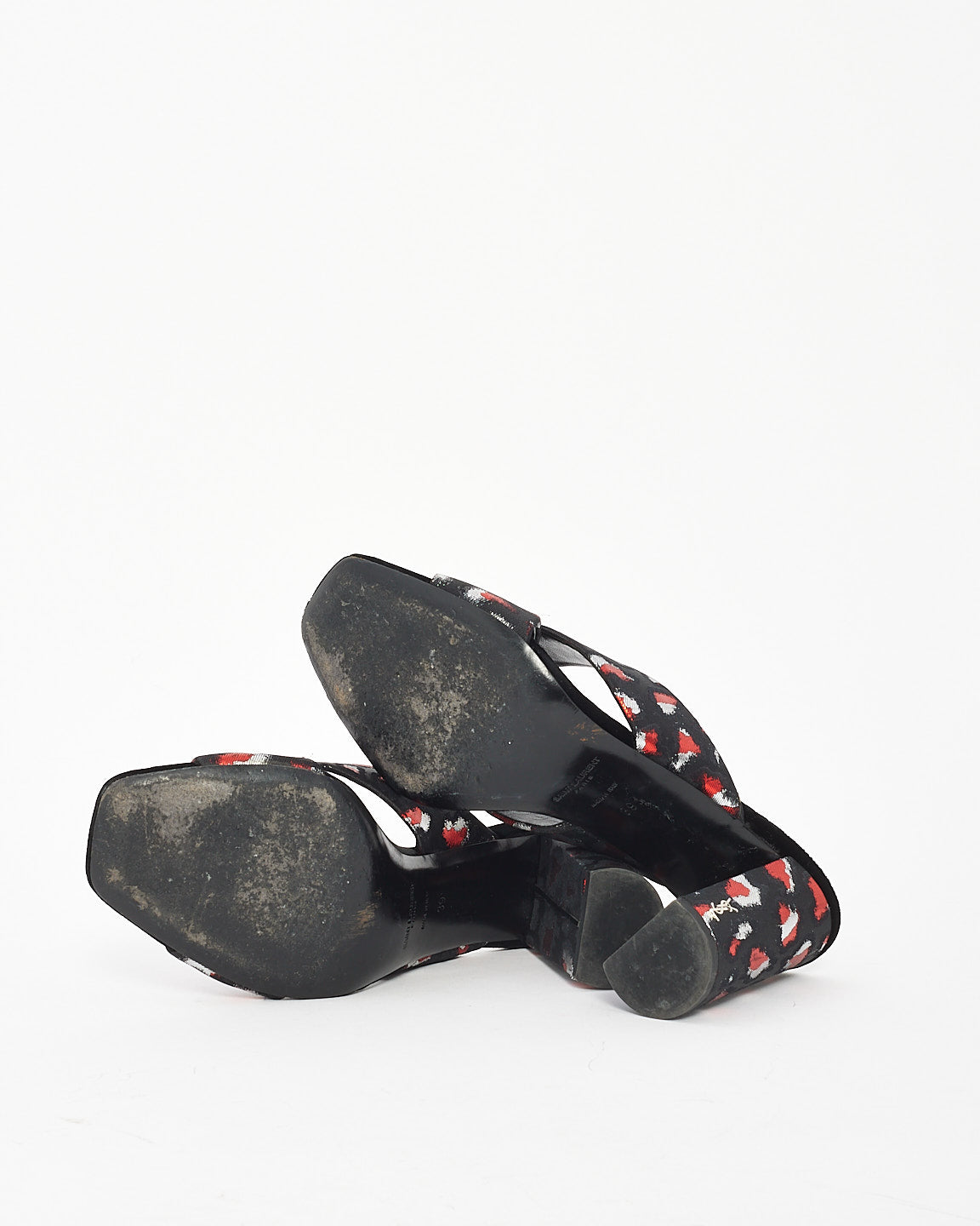 Saint Laurent Black/Red Satin Print Mule Heels - 39