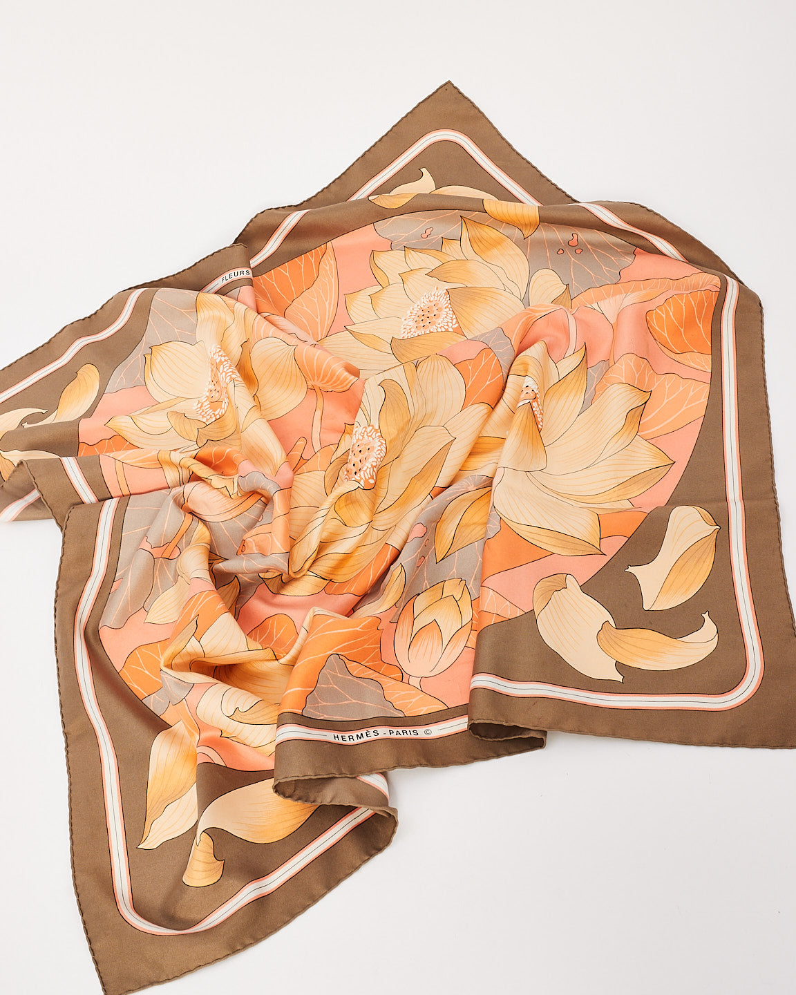 Hermès Orange & Brown Silk Fleurs De Lotus Scarf