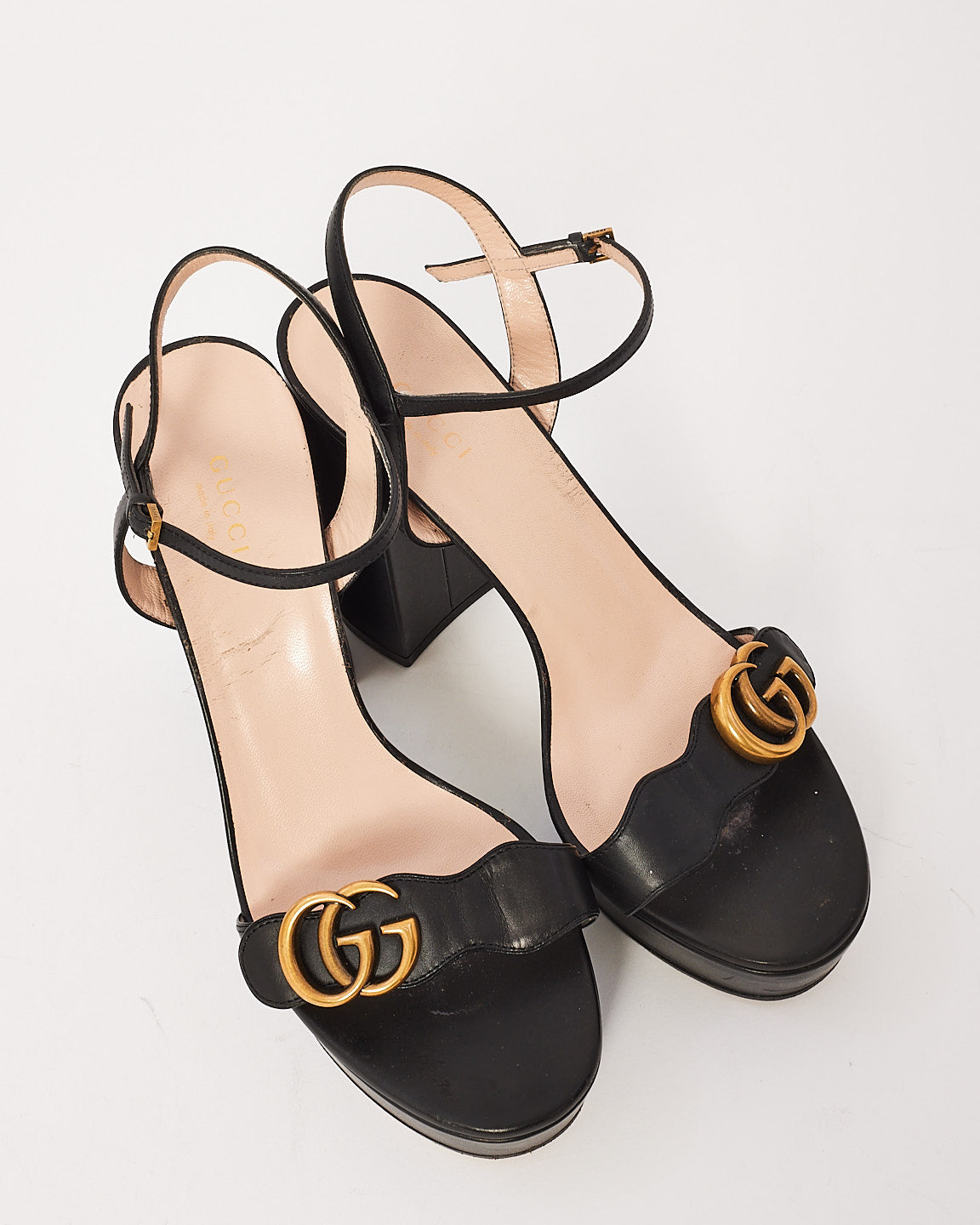 Gucci Black Leather GG Marmont Strap Platform Heels - 39
