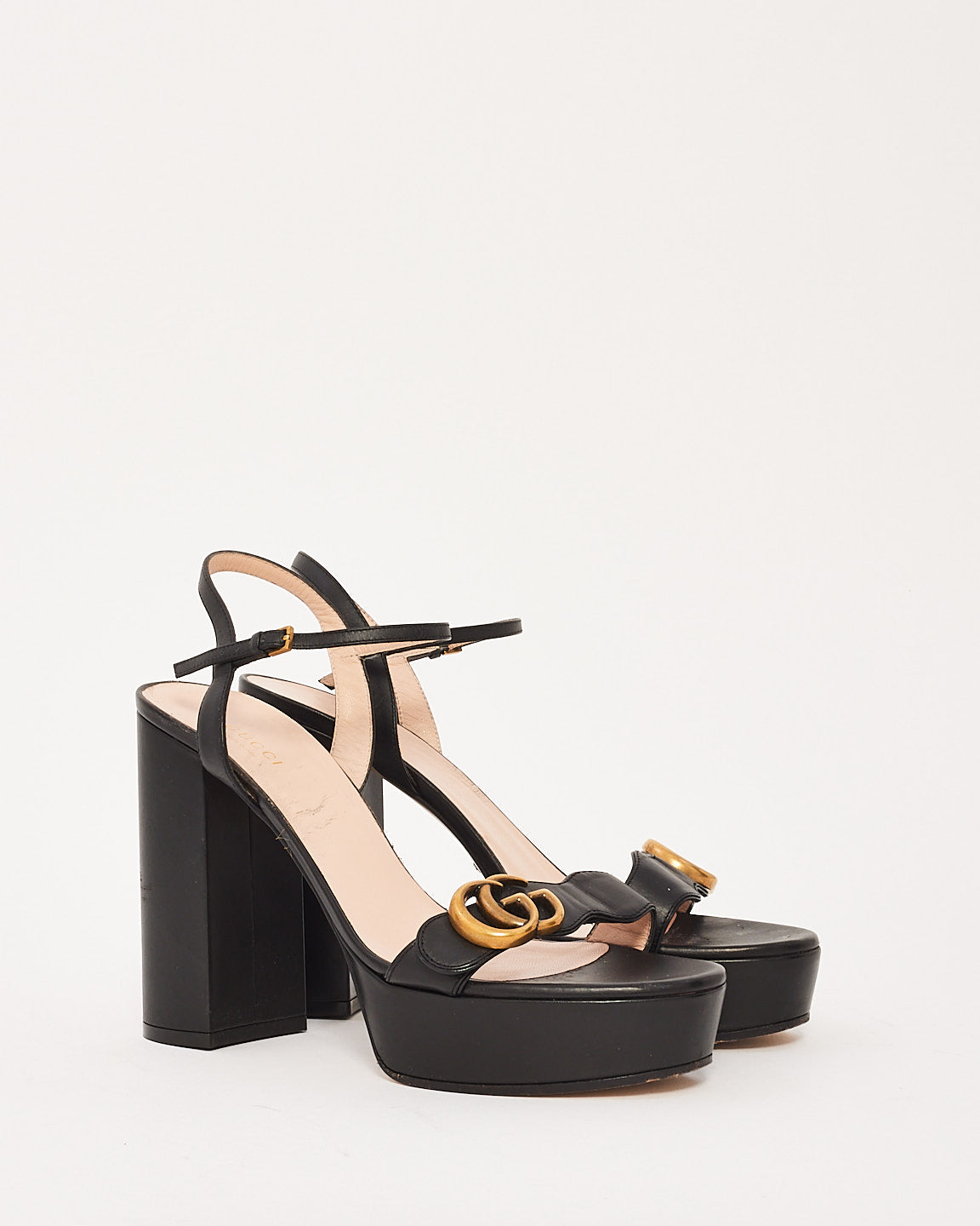 Gucci Black Leather GG Marmont Strap Platform Heels - 39