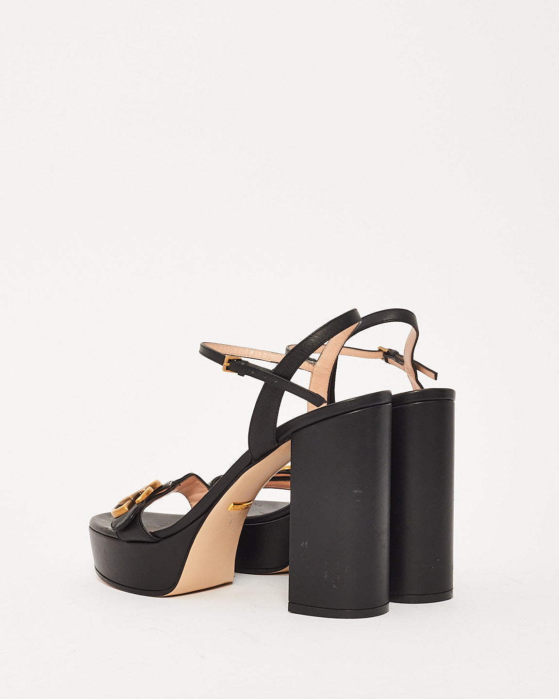 Gucci Black Leather GG Marmont Strap Platform Heels - 39