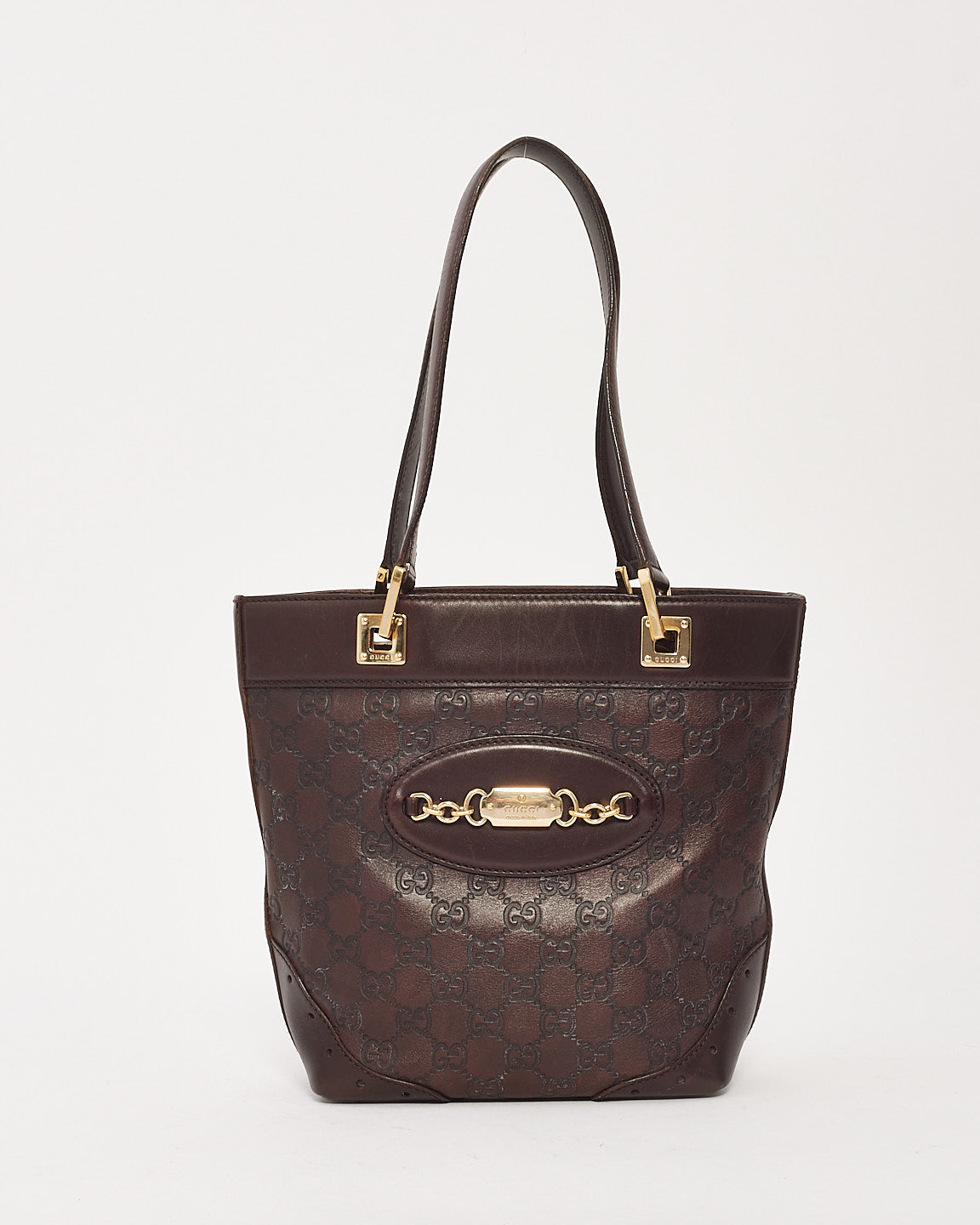 Petit fourre-tout punch en cuir gaufré Gucci Brown Signature G