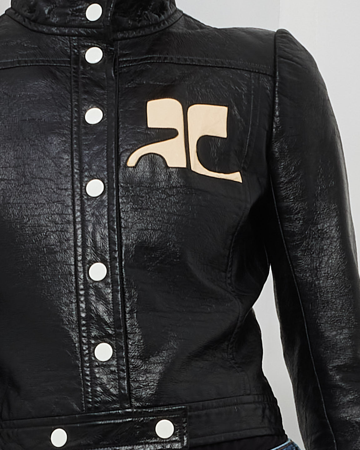 Courrege 80's Vintage Black Crinkled Leather Press-Stud Jacket - XS