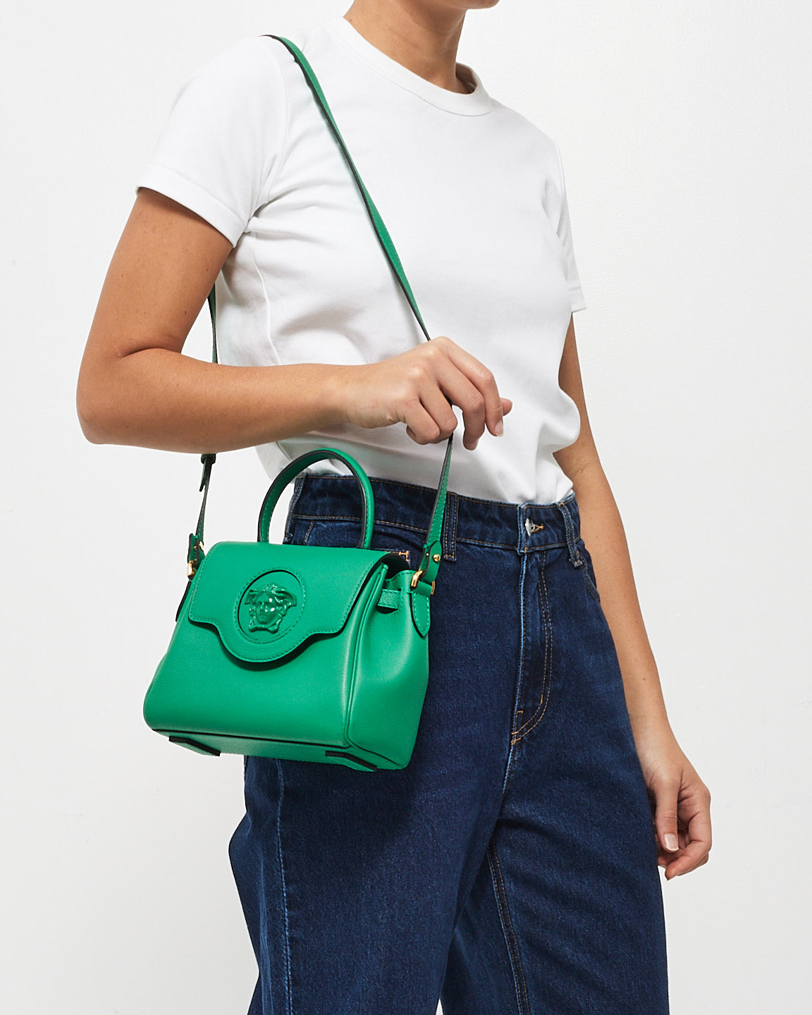 Versace Green Leather La Medusa Top Handle Bag