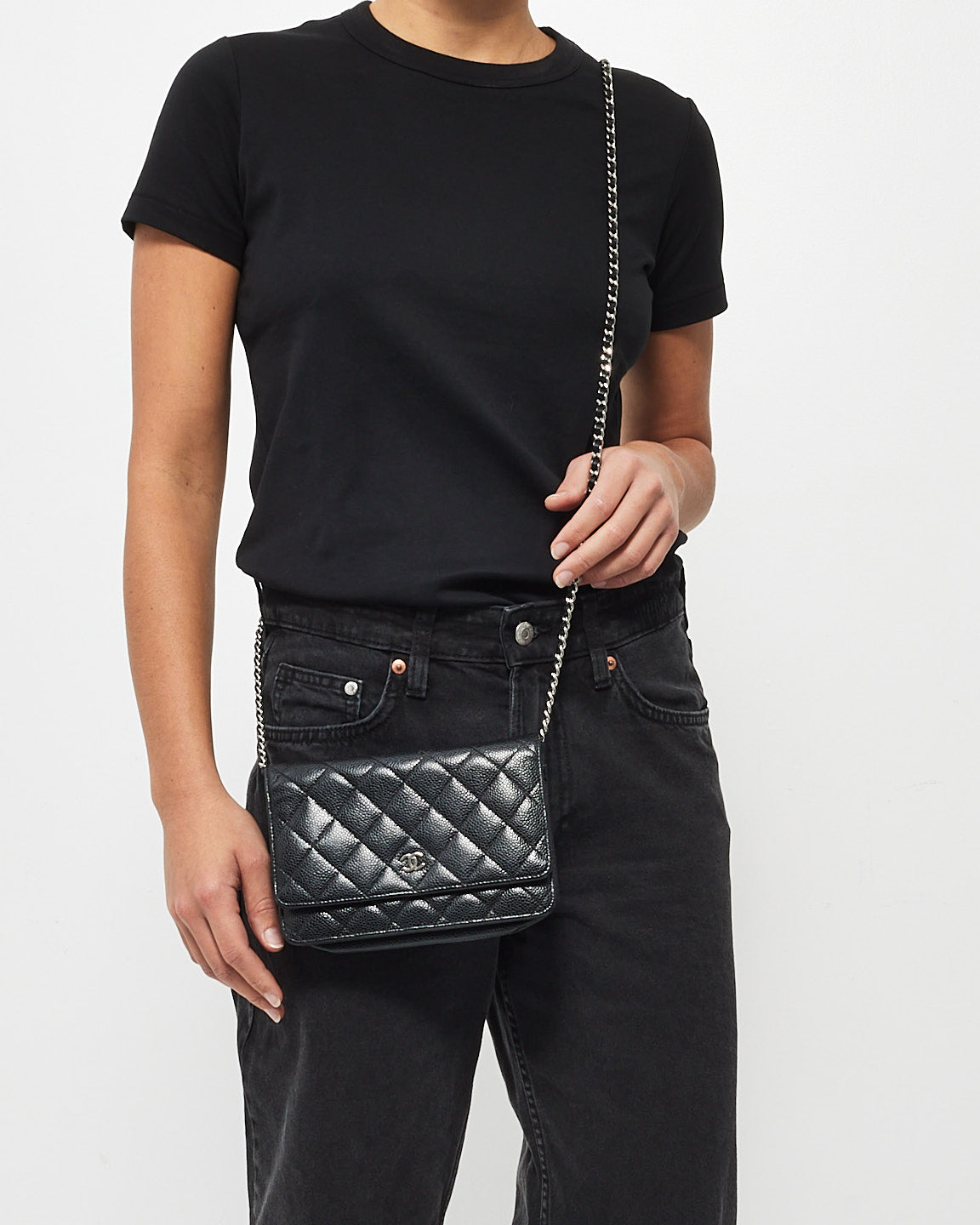 Chanel Black Caviar Leather Quilted Wallet On Chain SHW