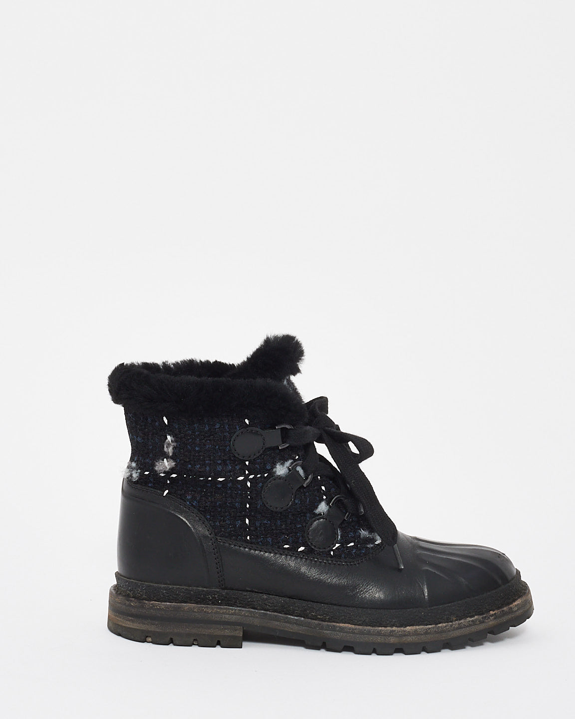 Chanel Black Tweed/Leather Lace Up Ankle Combat Boots - 37