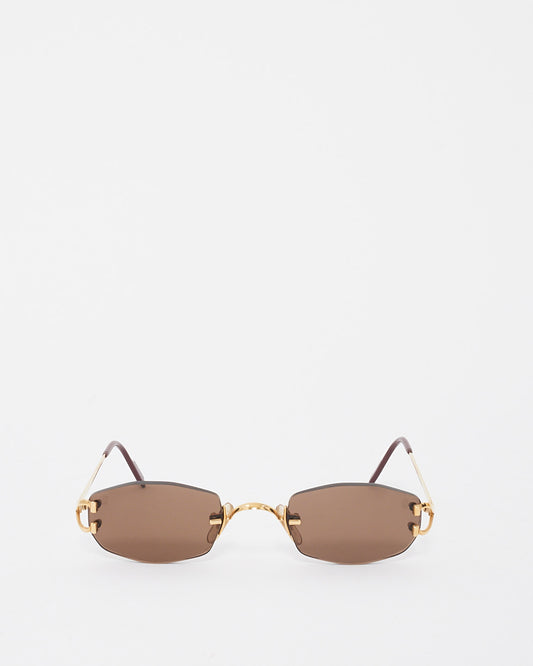 Cartier Gold Black Rectangular Lense Small Rimless Sunglasses