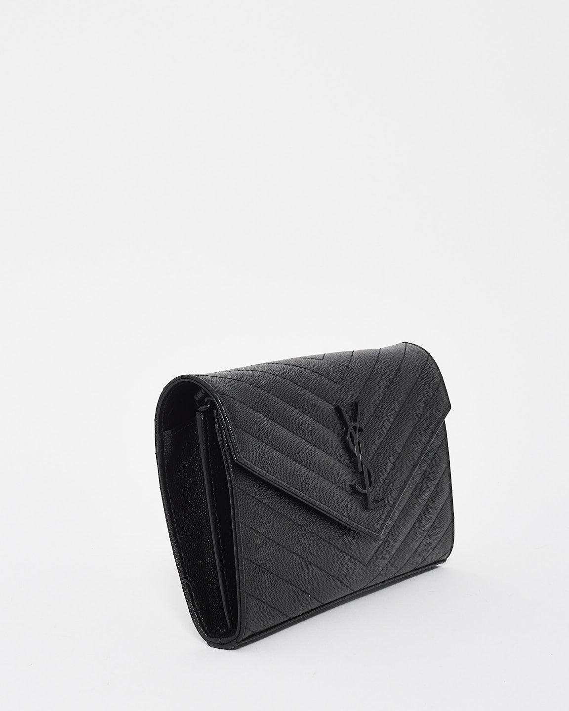 Saint Laurent Black on Black Grain de Poudre Leather Monogram Cassandre Wallet on Chain Bag