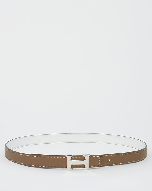 Hermès Etoupe & White Leather Silver Buckle Reversible H Belt - 95