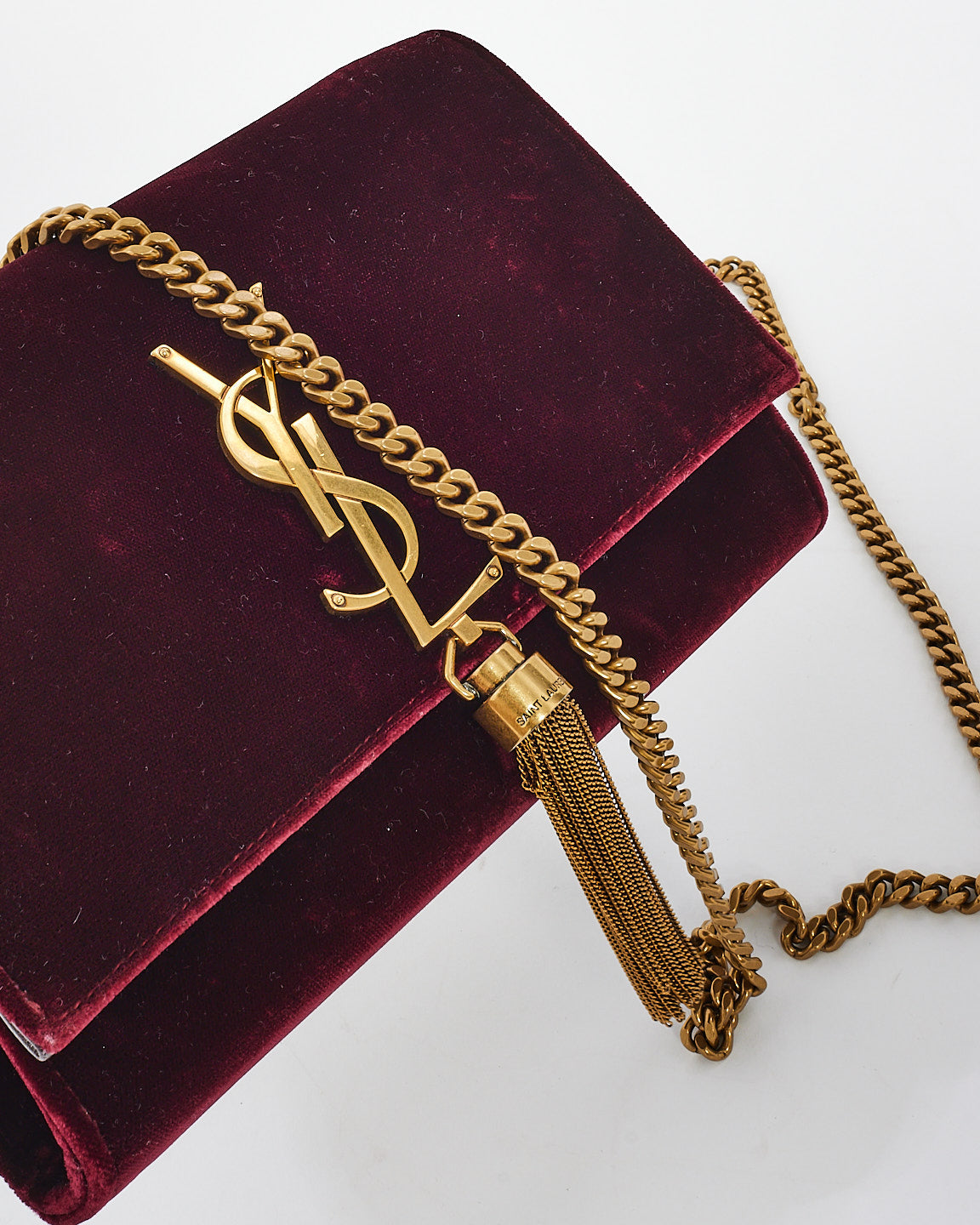 Saint Laurent Burgundy Velvet Small Kate Tassel Chain Shoulder Bag