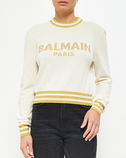 Balmain White Wool Gold Logo Sweater - 36
