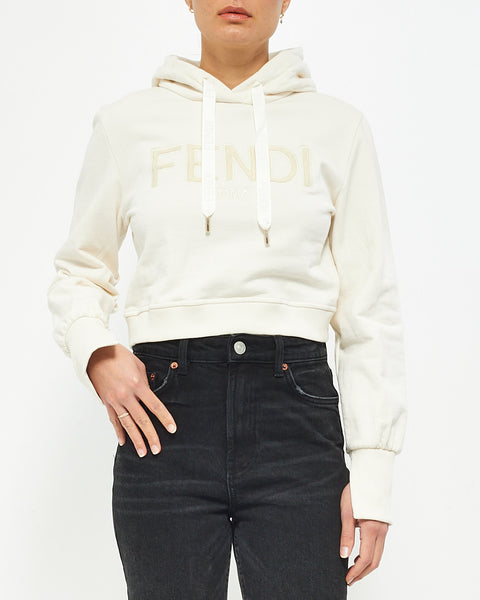 Explore a Fendi White Logo Cropped Hoodie Sweatshirt S