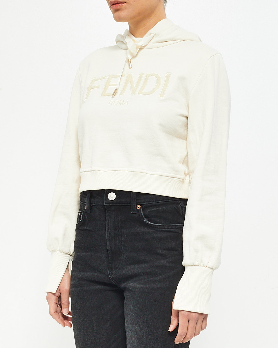 Fendi White Logo Cropped Hoodie Sweatshirt - S