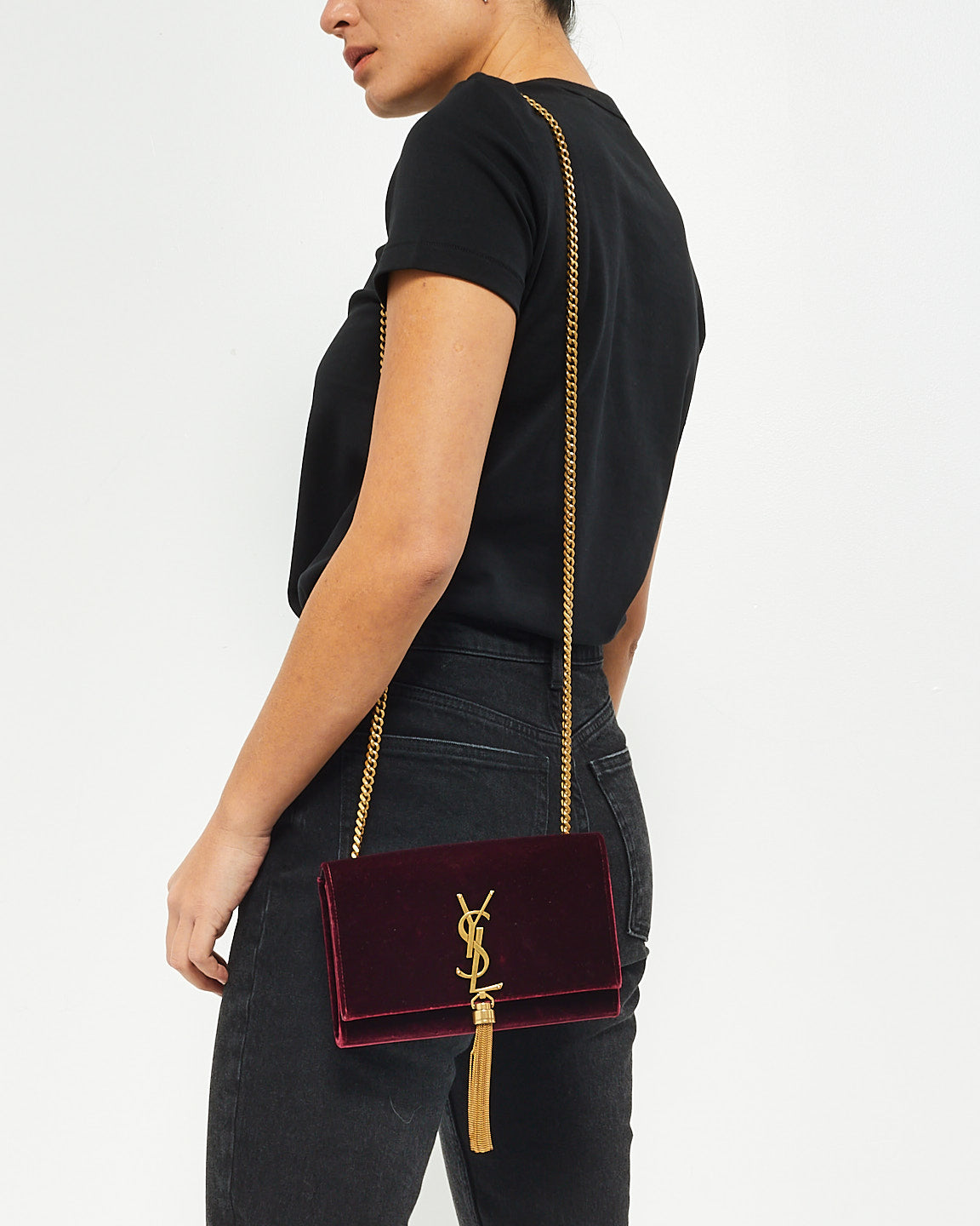 Saint Laurent Burgundy Velvet Small Kate Tassel Chain Shoulder Bag