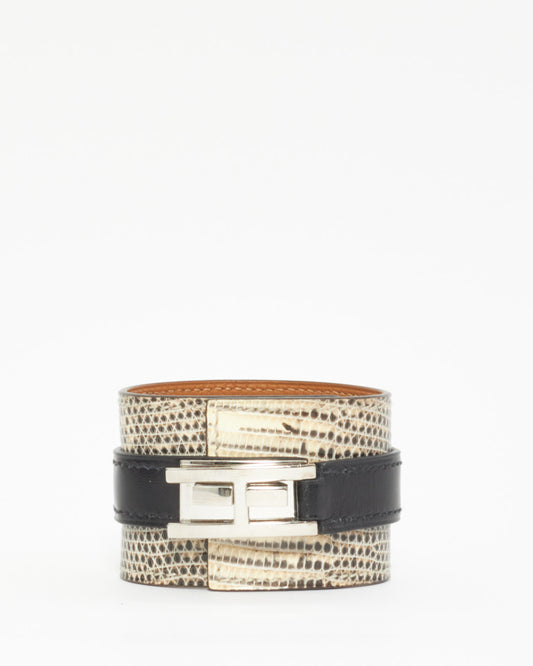 Bracelet manchette Drag en lézard noir et blanc Hermès - T2