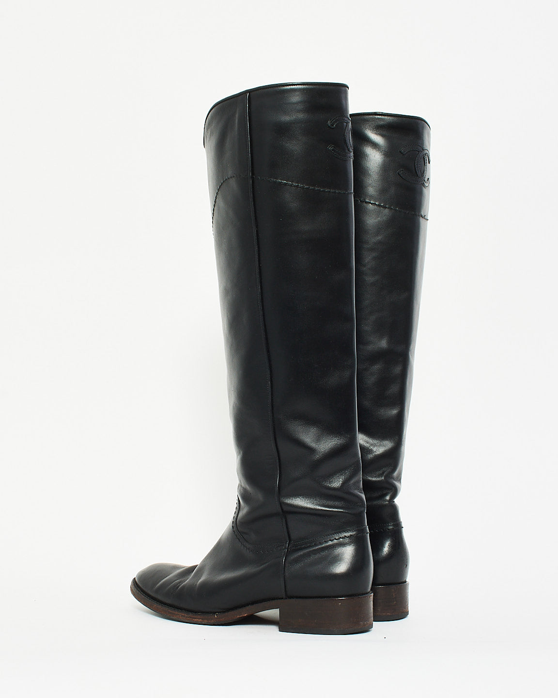 Chanel Black Leather CC Logo Riding Boots - 39
