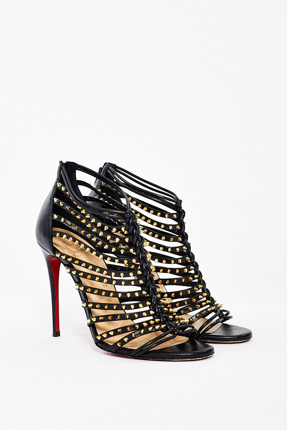 Christian Louboutin Black Studded Leather Millaclou 100mm Cage Sandals - 37