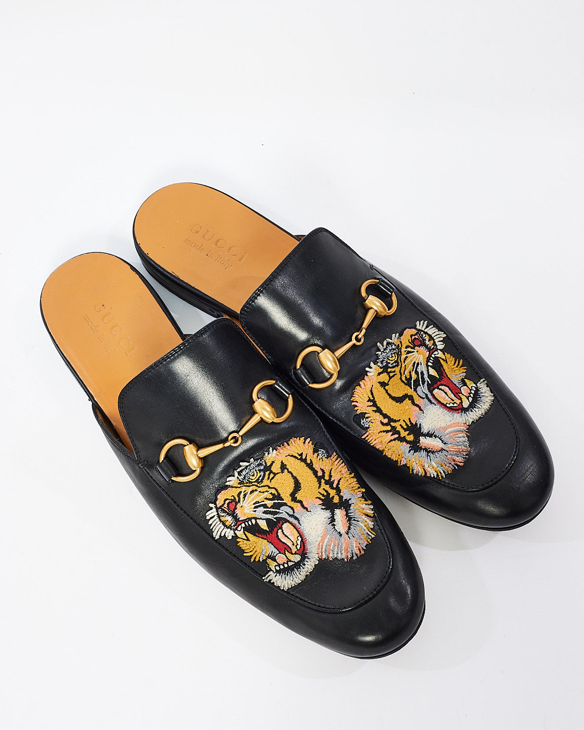 Gucci Black Leather Tiger Princeton Open Back Loafer Slippers - 10 MEN