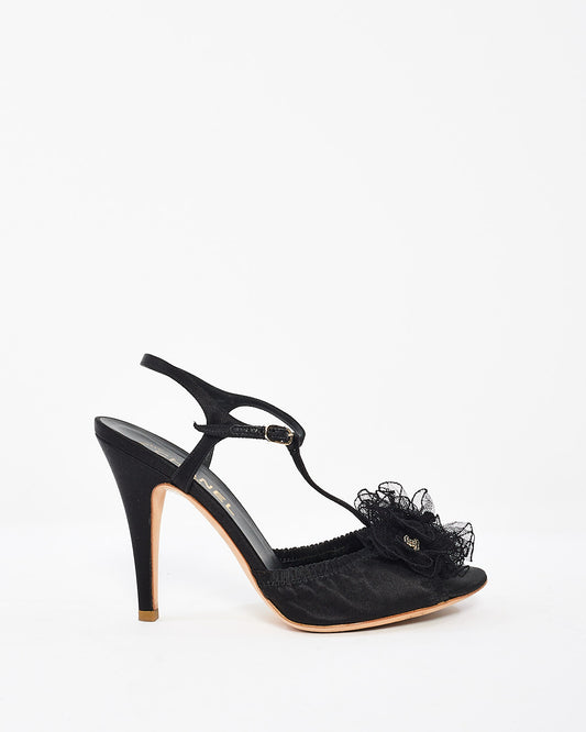 Chanel Black Satin Ribbon Open Toe Sandals - 38.5