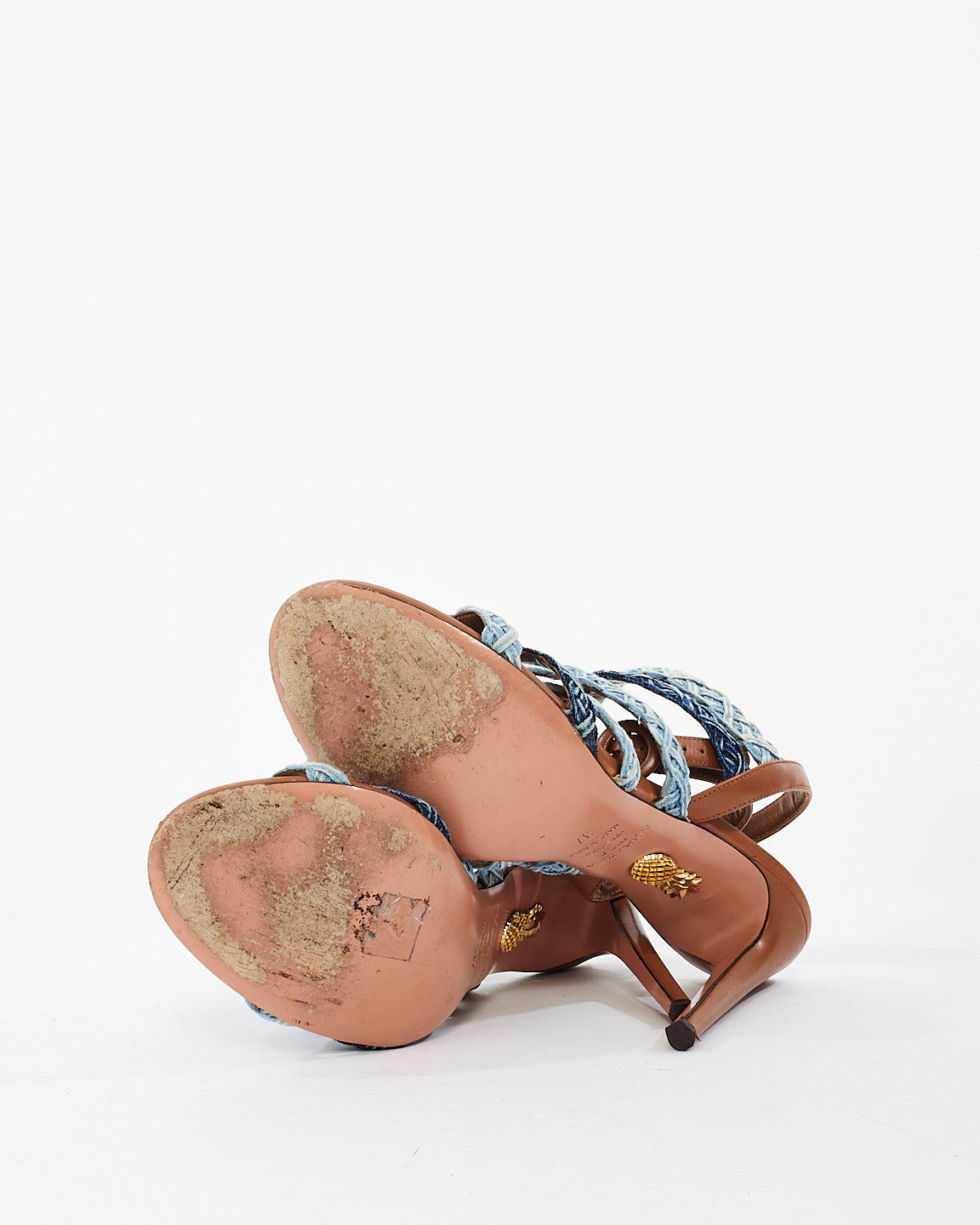 Aquazzura Braided Denim & Tan Leather Tyra Heeled Sandals - 37