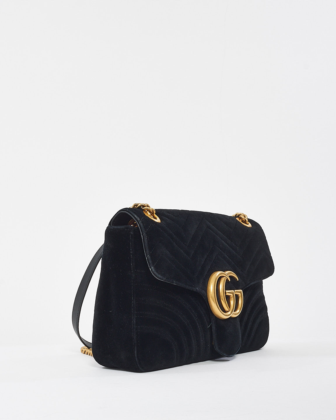Gucci Black Velvet Matelassée  GG Marmont Medium Shoulder Bag