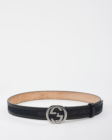  Gucci Black Canvas & Leather Interlocking GG Silver Buckle Belt - 80/32