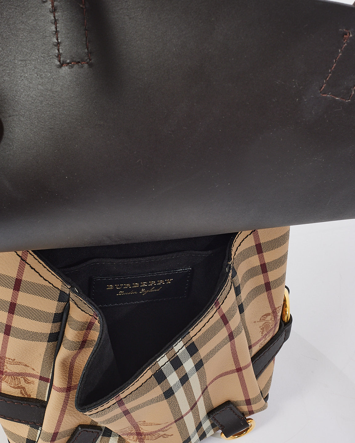 Burberry Brown Leather & Check Print Canvas Bridle Saddle Bag