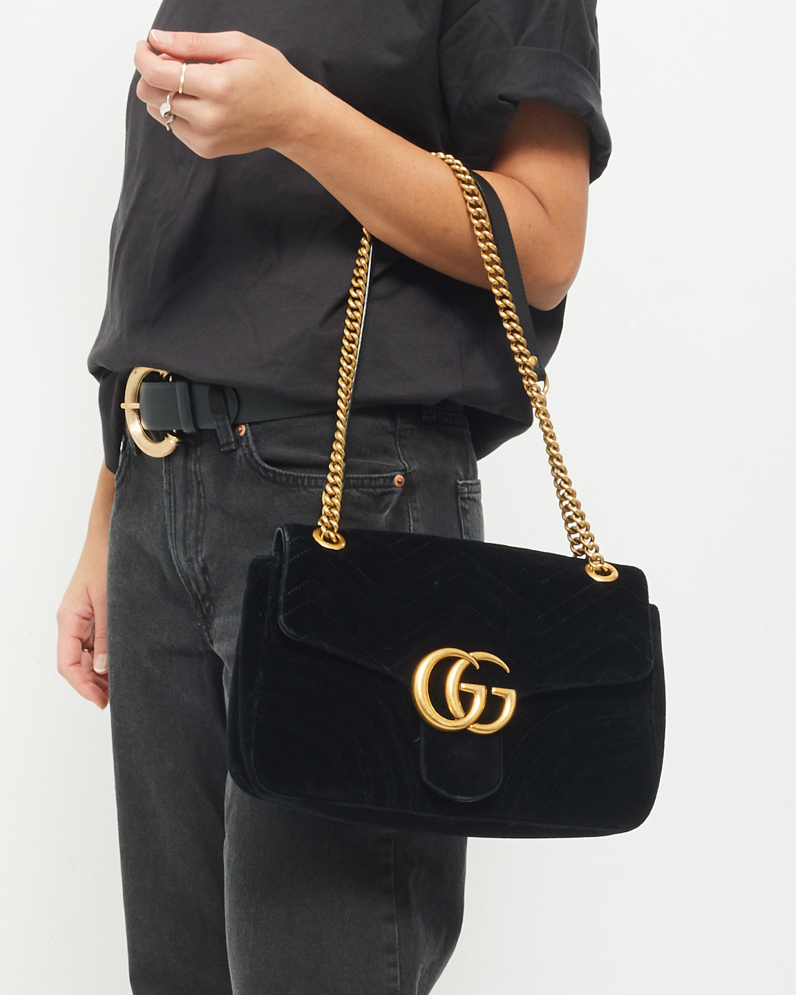 Gucci Black Velvet Matelassée  GG Marmont Medium Shoulder Bag