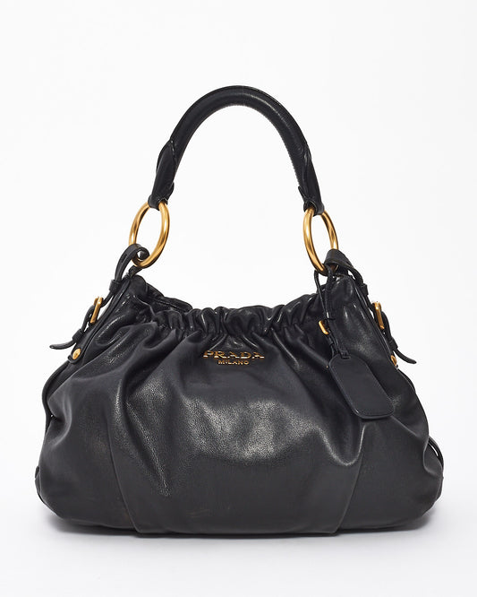 Prada Black Leather Gathered Hobo Soft Shoulder Bag