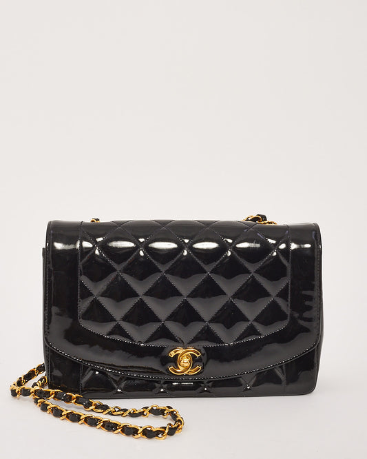 Chanel Vintage sac à bandoulière à rabat Diana en cuir verni noir GHW