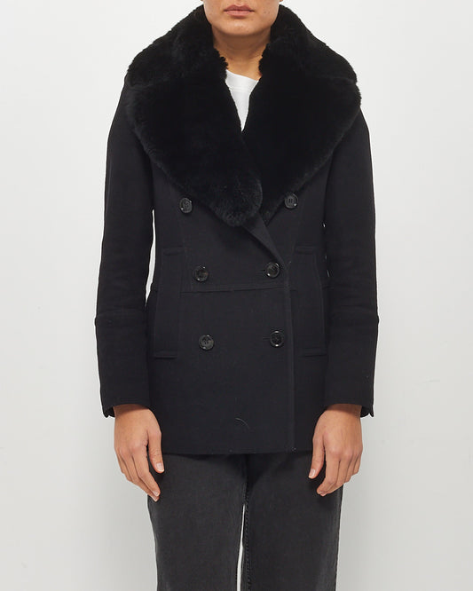 Burberry Manteau double poitrine à col en fourrure de laine noire - 4