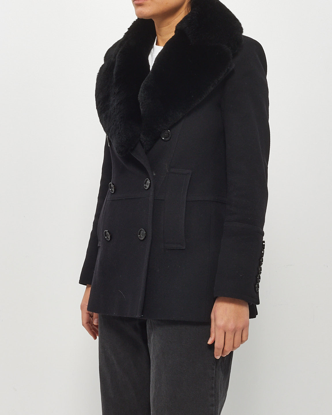 Burberry Manteau double poitrine à col en fourrure de laine noire - 4