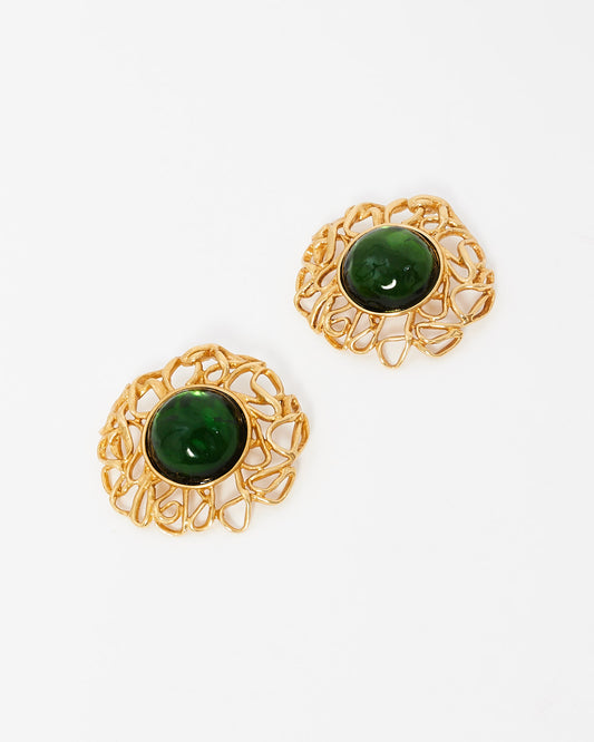 Saint Laurent Vintage YSL Green and Gold Clip On Earrings