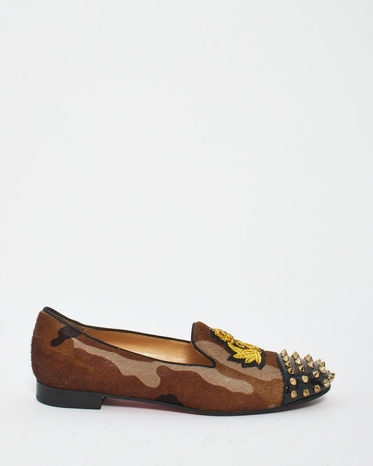 Christian Louboutin Brown Pony Hair Animal Spikes Intern Flat Loafers - 38.5