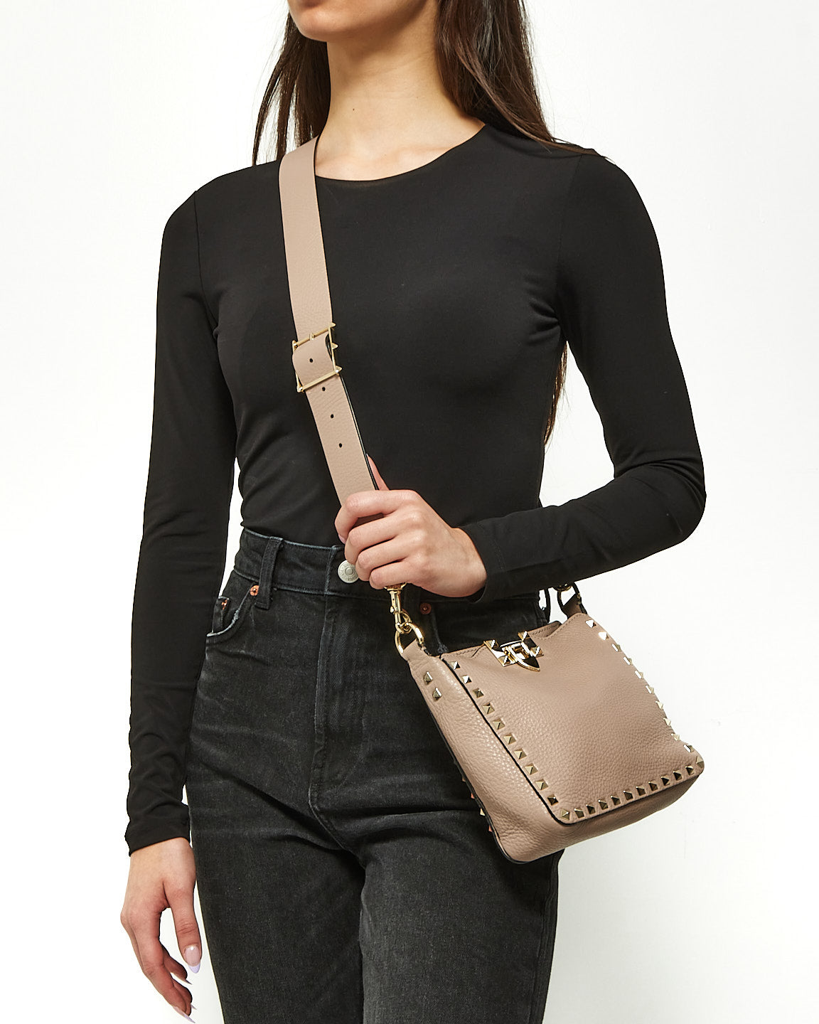 Sac à bandoulière Rockstud en cuir rose blush Valentino