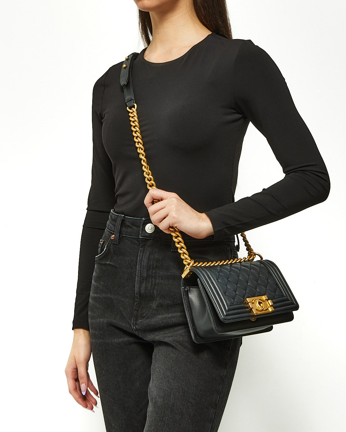 Sac petit garçon matelassé en cuir d'agneau noir Chanel GHW