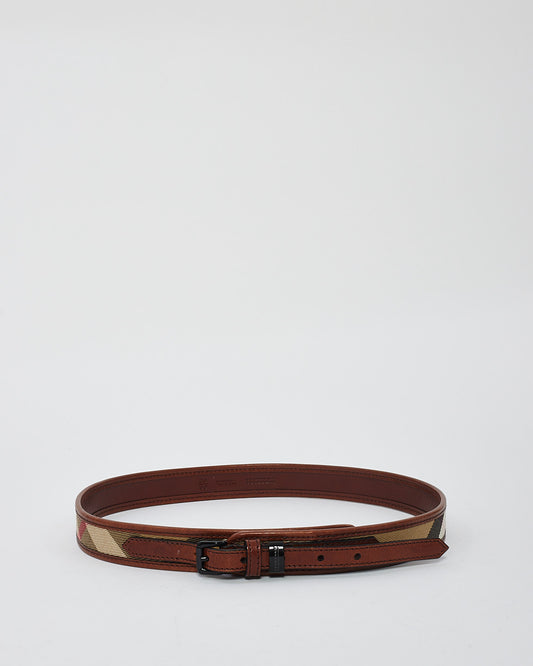 Burberry Brown Leather & Canvas Check Print Leather Belt - 36/90