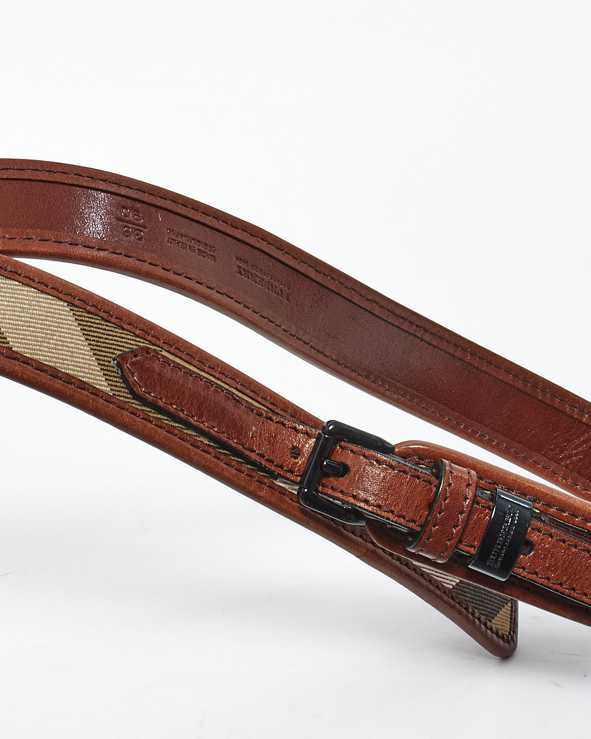 Burberry Brown Leather & Canvas Check Print Leather Belt - 36/90