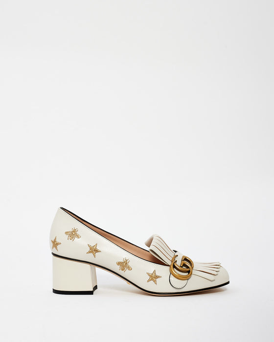 Gucci Off White Gold Star/Bee Embroidered Mid Heel Pump - 38.5